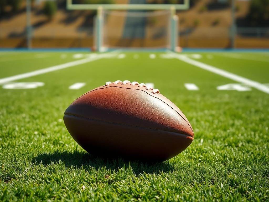 Flick International Close-up of a brown leather football on a vibrant green football field