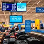 Flick International A bustling airport terminal scene featuring travelers and REAL ID signage