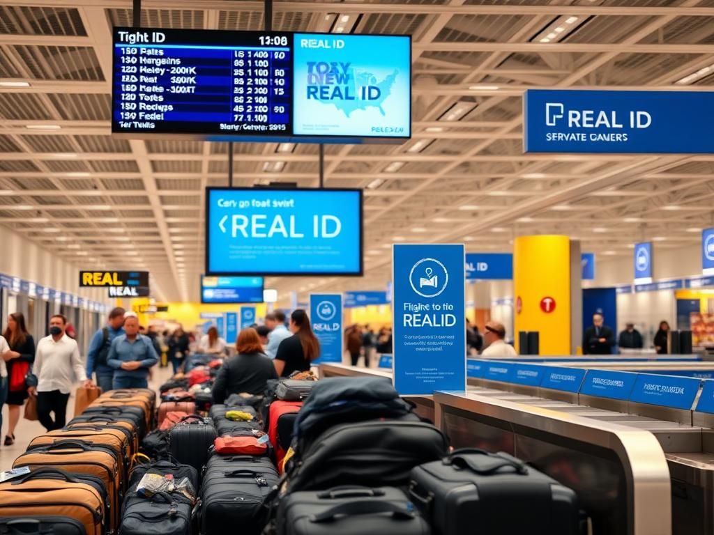 Flick International A bustling airport terminal scene featuring travelers and REAL ID signage