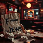 Flick International A torn sign with antisemitic text surrounded by legal documents in a dimly lit bar setting