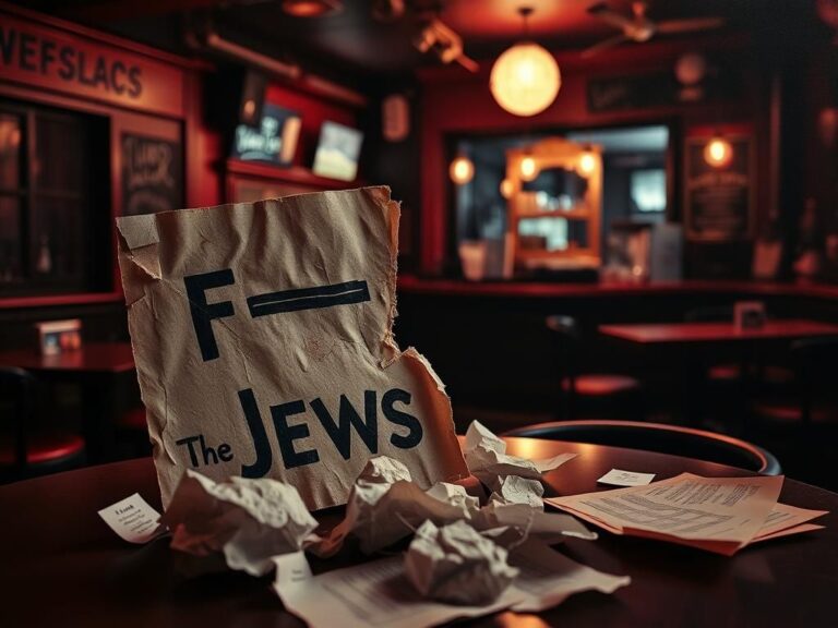Flick International A torn sign with antisemitic text surrounded by legal documents in a dimly lit bar setting