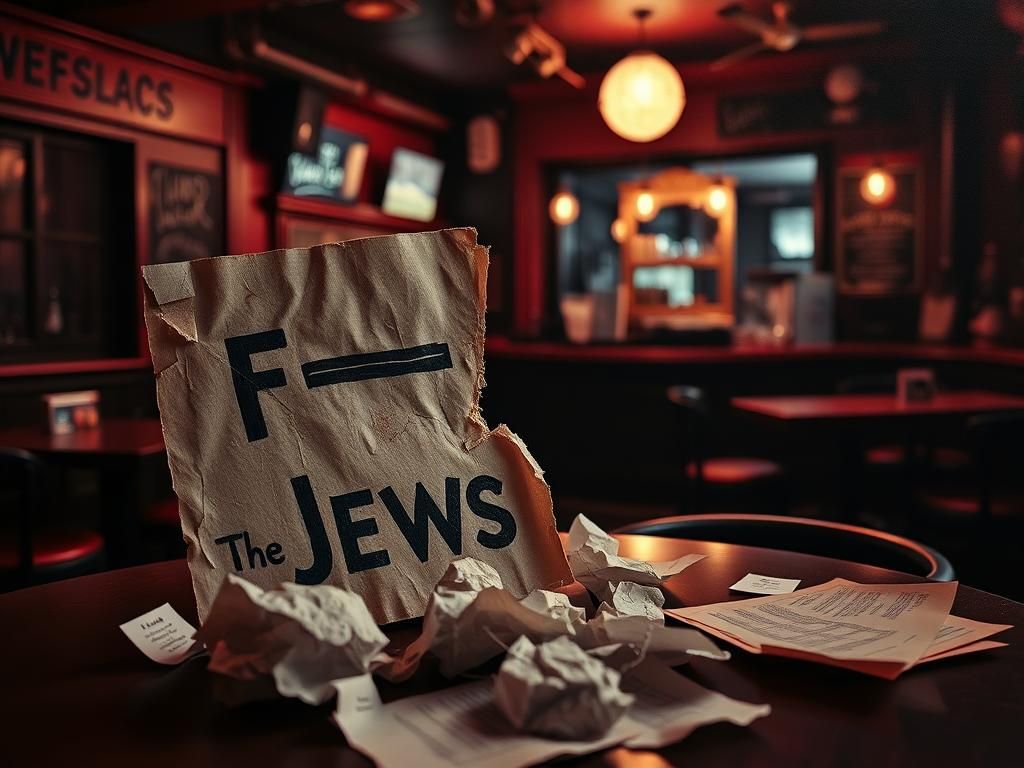 Flick International A torn sign with antisemitic text surrounded by legal documents in a dimly lit bar setting