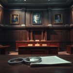 Flick International Dramatic courtroom scene showcasing empty jury box and judge's bench