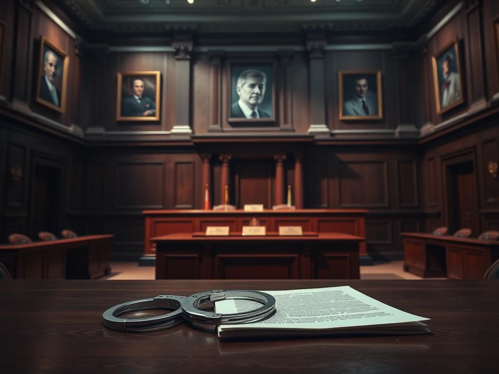 Flick International Dramatic courtroom scene showcasing empty jury box and judge's bench