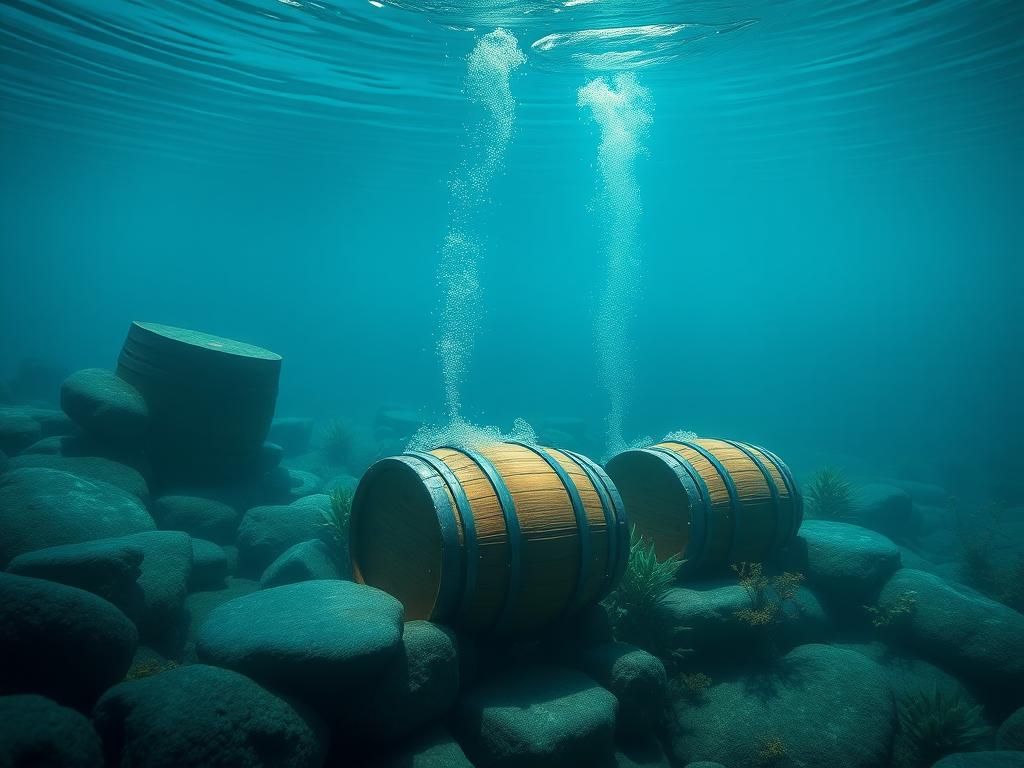 Flick International Serene underwater scene of whisky casks submerged in Loch Ness