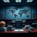 Flick International A modern government office showcasing power and responsibility with an imposing desk and a globe