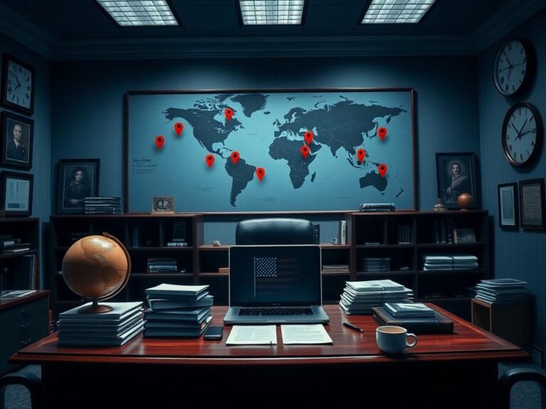 Flick International A modern government office showcasing power and responsibility with an imposing desk and a globe