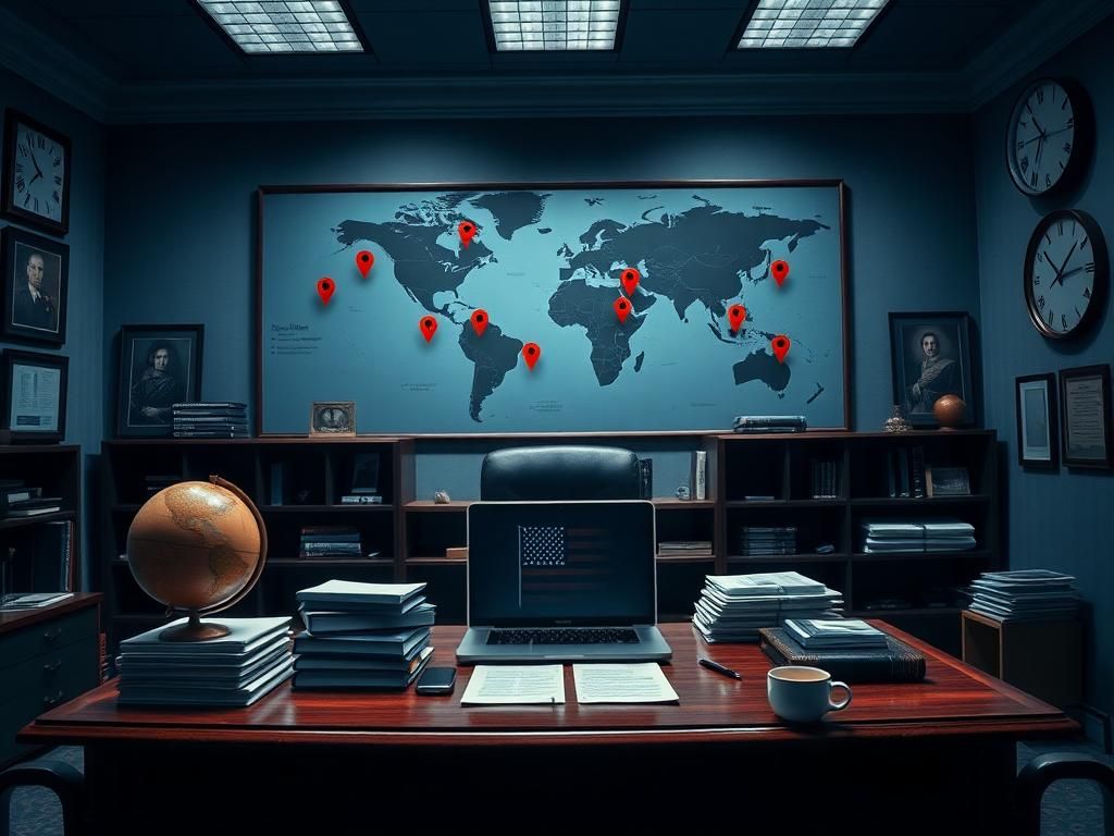Flick International A modern government office showcasing power and responsibility with an imposing desk and a globe