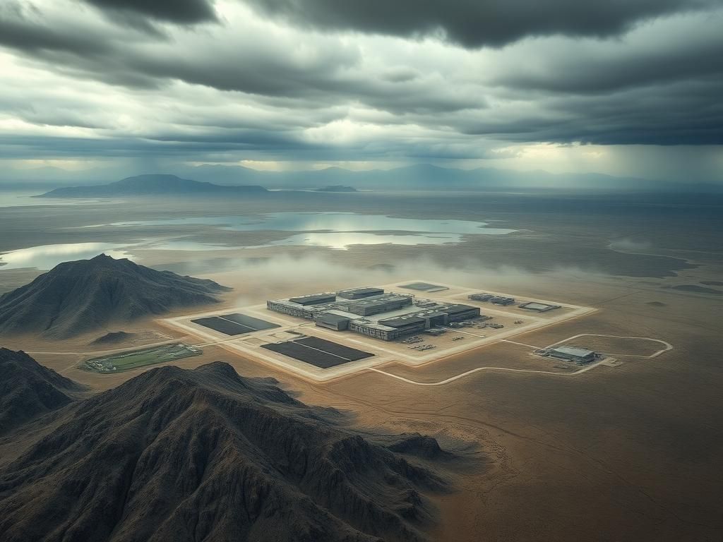 Flick International Aerial view of a hidden Iranian nuclear weapons facility shrouded in mist
