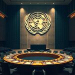 Flick International A symbolic representation of an empty United Nations conference room with a circular table and U.N. emblem