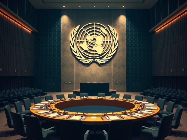 Flick International A symbolic representation of an empty United Nations conference room with a circular table and U.N. emblem