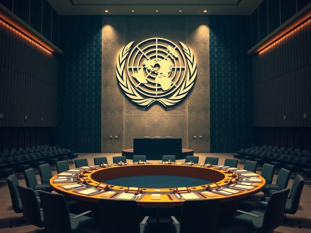 Flick International A symbolic representation of an empty United Nations conference room with a circular table and U.N. emblem