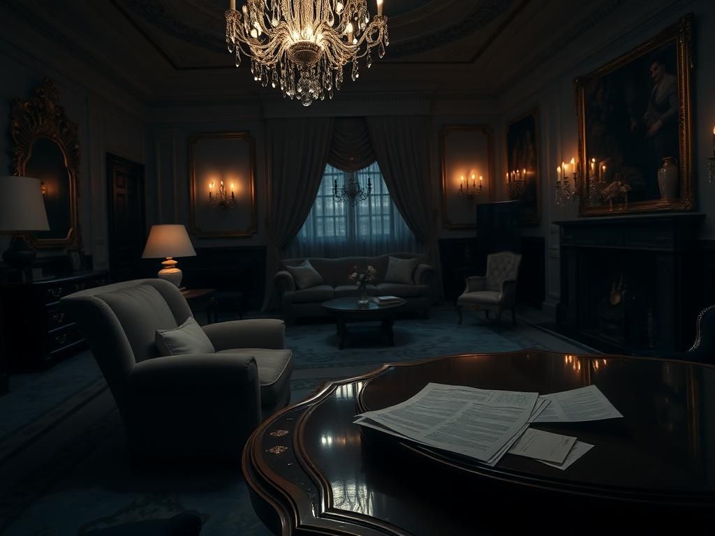 Flick International Opulent living room interior suggesting tension and unease