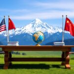 Flick International Swiss landscape with snow-capped Alps and outdoor table set for trade negotiations