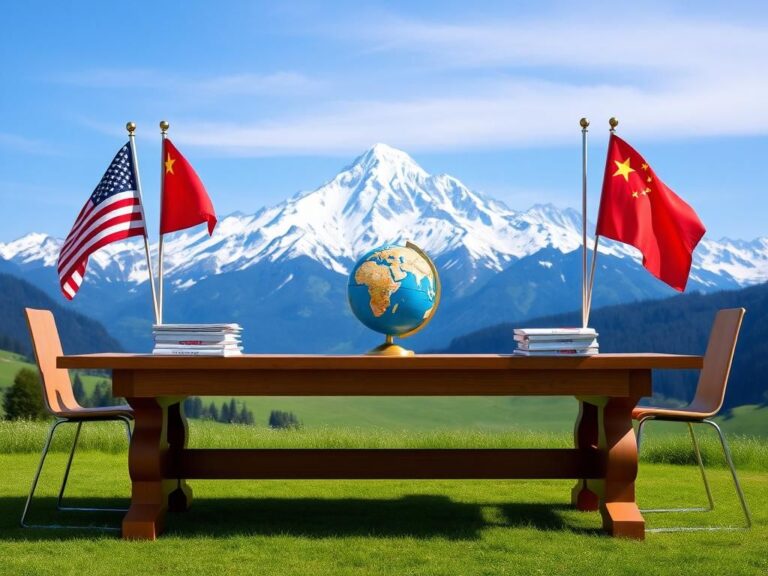 Flick International Swiss landscape with snow-capped Alps and outdoor table set for trade negotiations