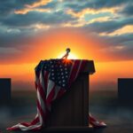 Flick International A large, weathered American flag draped across a podium symbolizing leadership struggles in politics