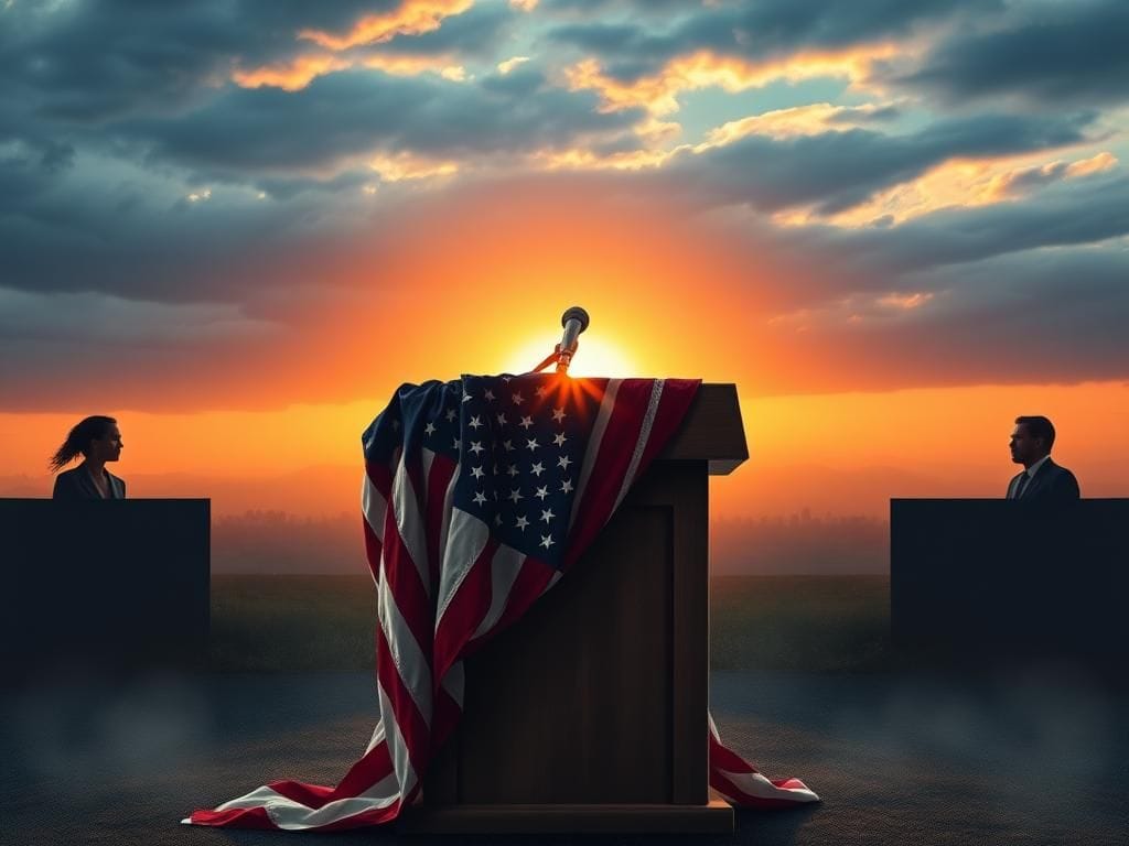 Flick International A large, weathered American flag draped across a podium symbolizing leadership struggles in politics