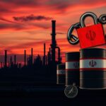 Flick International Desolate oil refinery at dusk with Iranian flag barrels symbolizing sanctions