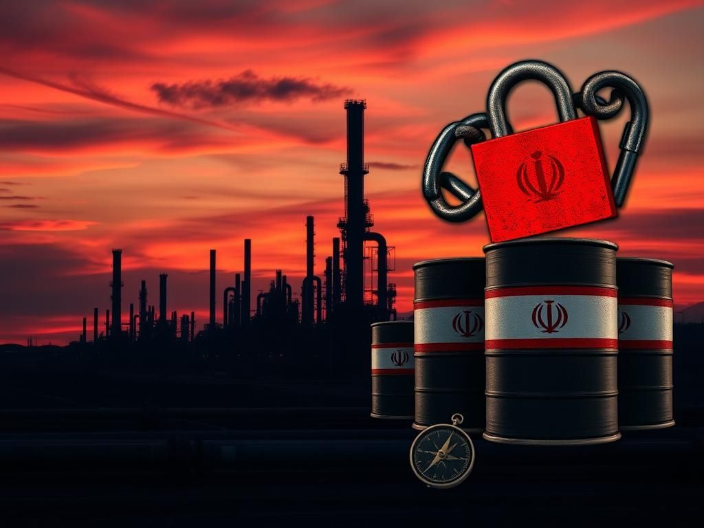 Flick International Desolate oil refinery at dusk with Iranian flag barrels symbolizing sanctions