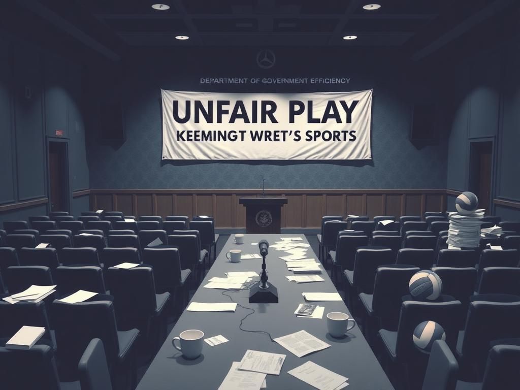 Flick International Chaotic hearing room setting with empty chairs and a long table filled with documents and coffee cups