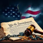 Flick International Symbolic representation of the U.S. Constitution emphasizing the Fourth Amendment with dark clouds and a fractured American flag
