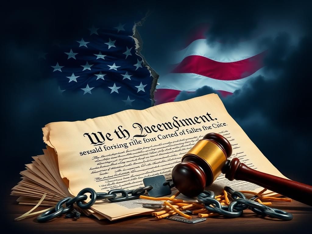 Flick International Symbolic representation of the U.S. Constitution emphasizing the Fourth Amendment with dark clouds and a fractured American flag