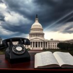 Flick International Symbolic representation of the U.S. Capitol building with a black telephone and notebook