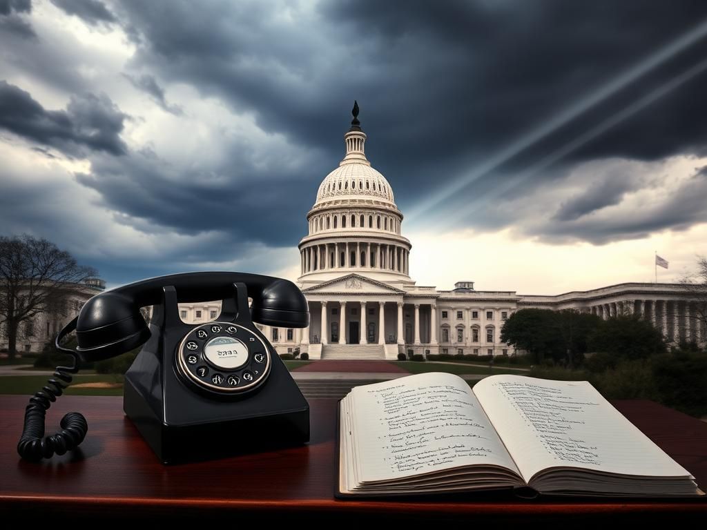 Flick International Symbolic representation of the U.S. Capitol building with a black telephone and notebook