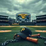 Flick International Empty baseball field at PNC Park with a lone baseball on the pitcher's mound and a Pirates cap entwined in a rusted chain