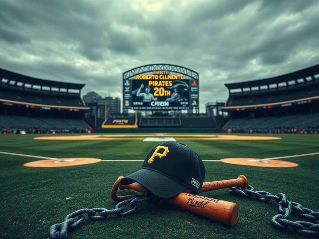Flick International Empty baseball field at PNC Park with a lone baseball on the pitcher's mound and a Pirates cap entwined in a rusted chain