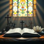 Flick International A serene image of a large open book on a wooden table surrounded by religious symbols, representing diversity in faith.