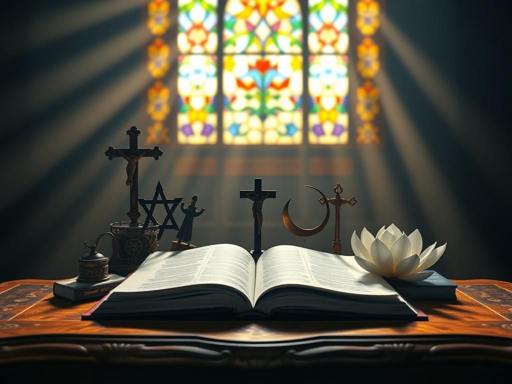 Flick International A serene image of a large open book on a wooden table surrounded by religious symbols, representing diversity in faith.