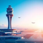 Flick International Futuristic air traffic control tower against a clear blue sky