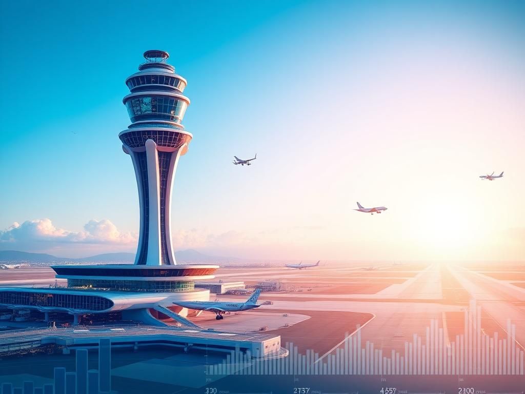 Flick International Futuristic air traffic control tower against a clear blue sky