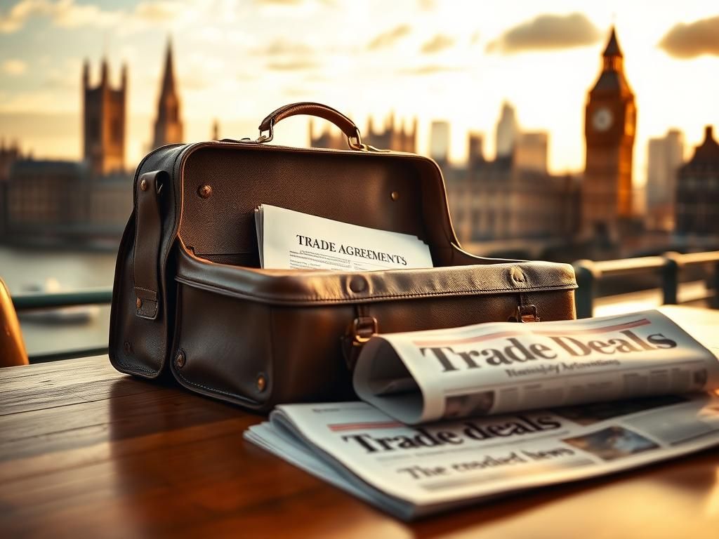 Flick International Close-up of a weathered leather briefcase with trade documents on a wooden table