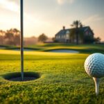 Flick International Serene golf course scene at dawn with flagstick and clubhouse silhouette