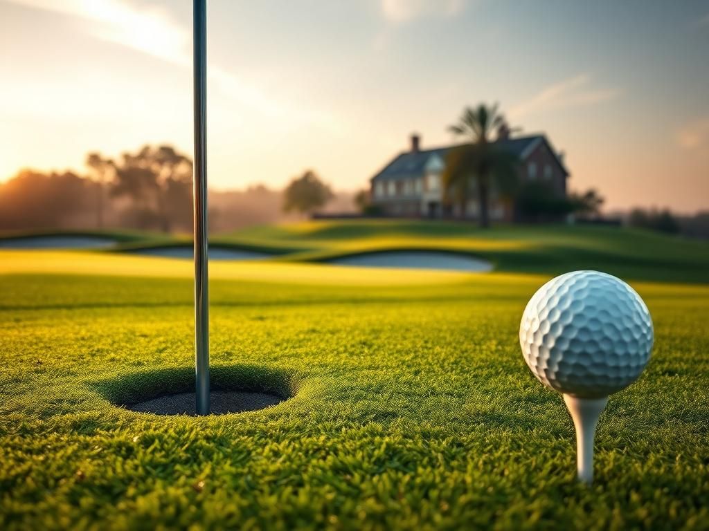Flick International Serene golf course scene at dawn with flagstick and clubhouse silhouette