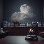 Flick International Dramatic courtroom scene featuring an empty witness stand and a gavel on a judge's bench