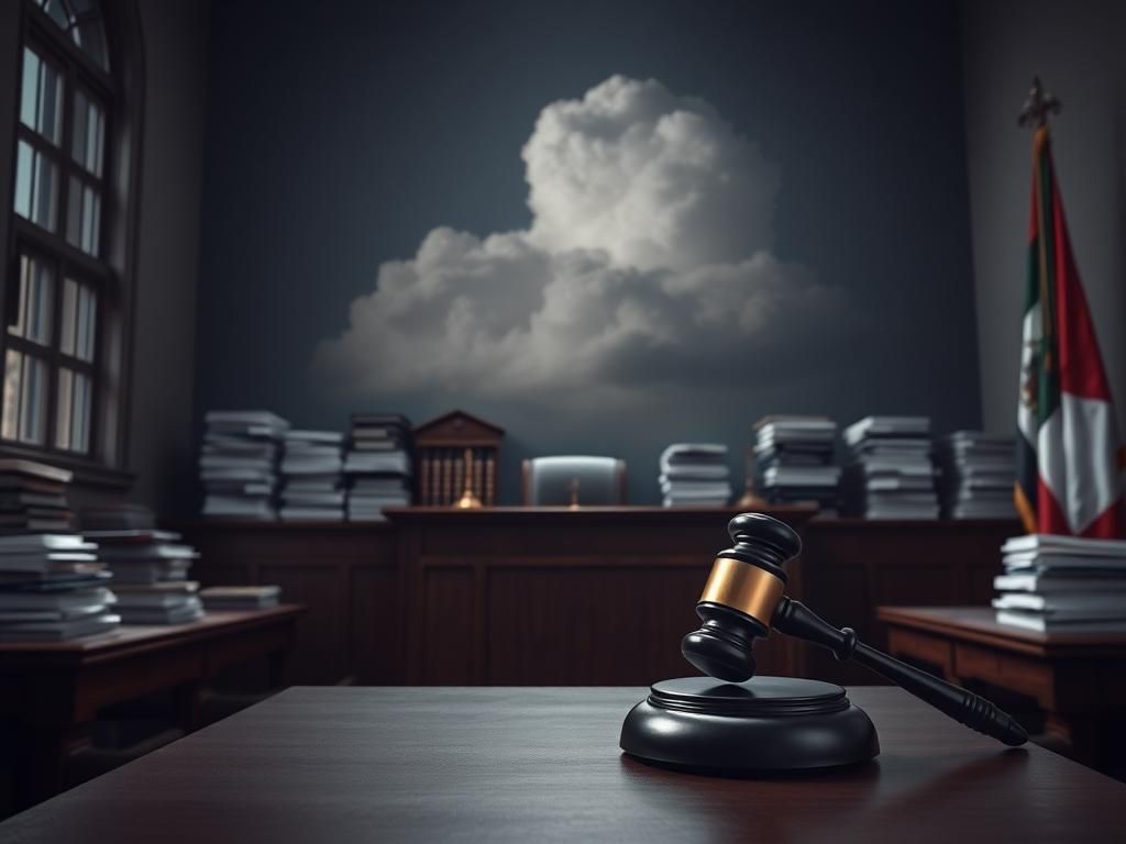 Flick International Dramatic courtroom scene featuring an empty witness stand and a gavel on a judge's bench