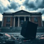 Flick International Dramatic depiction of a university library under ominous clouds symbolizing tension and unrest