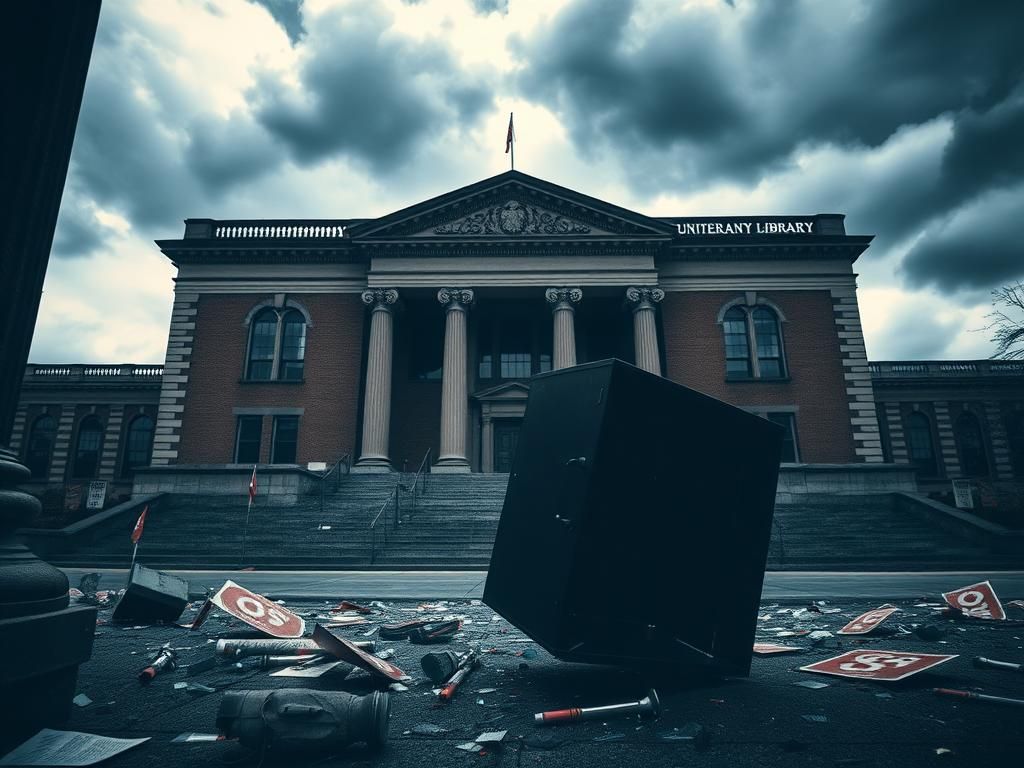 Flick International Dramatic depiction of a university library under ominous clouds symbolizing tension and unrest