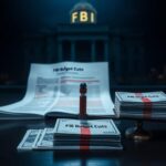 Flick International Dimly lit FBI headquarters with budget document and scales symbolizing FBI budget cuts