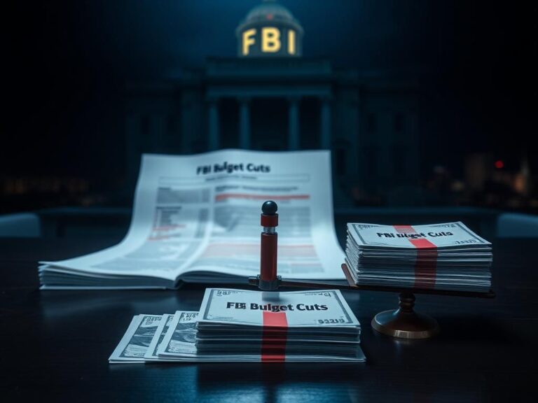 Flick International Dimly lit FBI headquarters with budget document and scales symbolizing FBI budget cuts