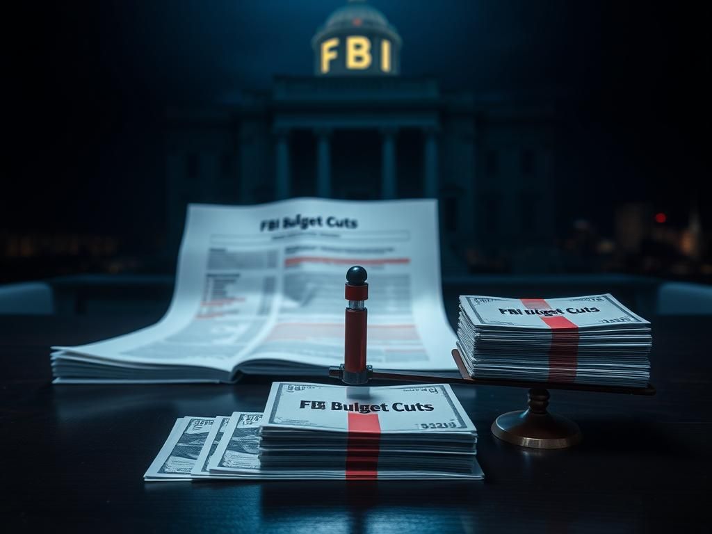 Flick International Dimly lit FBI headquarters with budget document and scales symbolizing FBI budget cuts