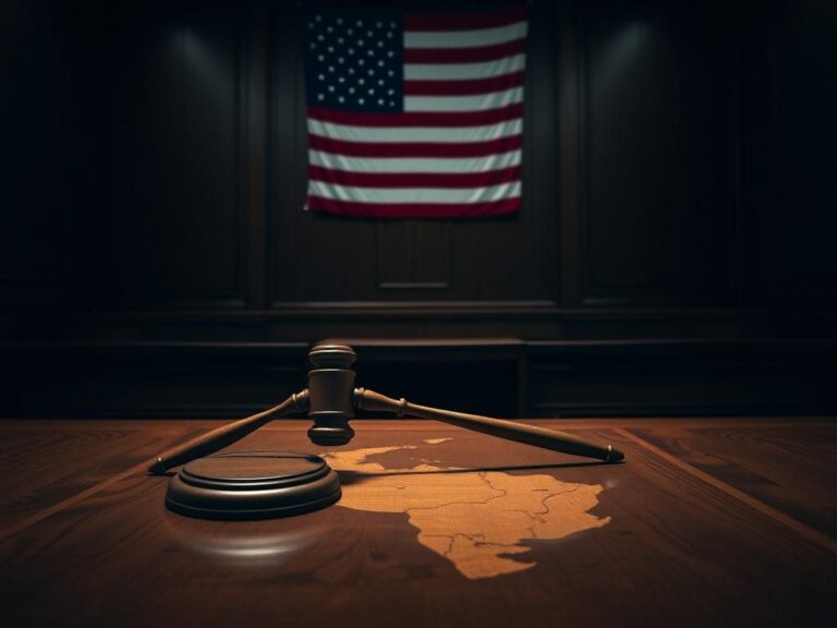 Flick International Courtroom scene with gavel and American flag symbolizing legal proceedings