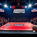 Flick International A vibrant wrestling mat illuminated under bright spotlights with colorful banners and flags representing champion wrestlers
