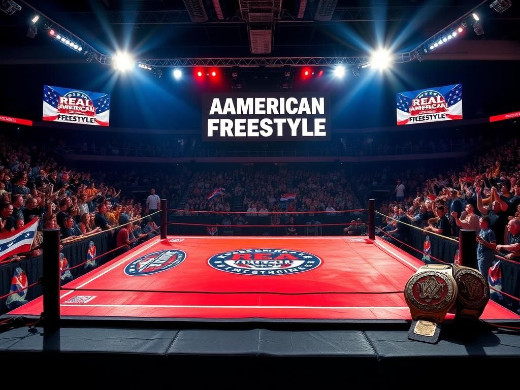 Flick International A vibrant wrestling mat illuminated under bright spotlights with colorful banners and flags representing champion wrestlers