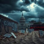 Flick International A dramatic urban scene depicting tension surrounding sanctuary policies with graffiti and protest remnants.