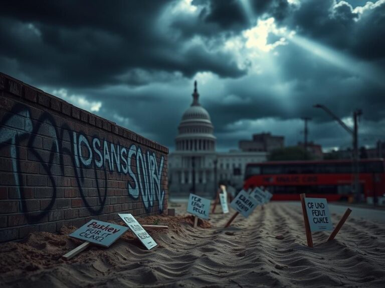 Flick International A dramatic urban scene depicting tension surrounding sanctuary policies with graffiti and protest remnants.