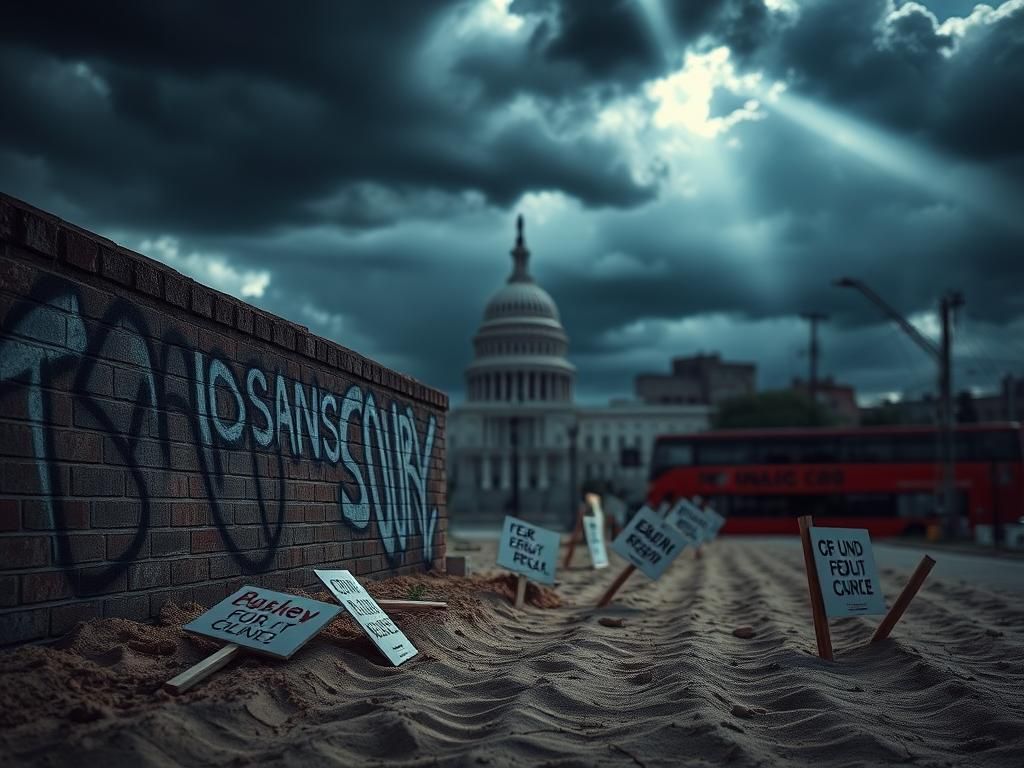 Flick International A dramatic urban scene depicting tension surrounding sanctuary policies with graffiti and protest remnants.